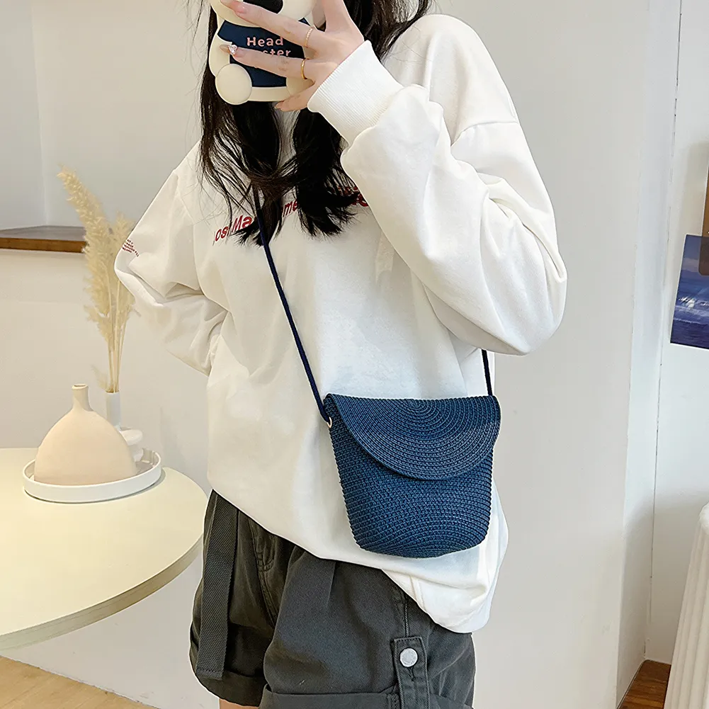 Borsa a tracolla estiva da donna, in tessuto alla moda, casual, semplice, portatile, elegante, fatta a mano, in tinta unita, per il fine settimana._voghion.com