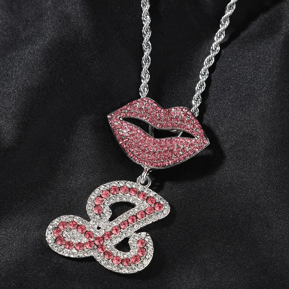 Collier avec pendentif en forme de lettre A-Z et fermoir à lèvres style hip-hop en alliage plaqué or et zircon_voghion.com