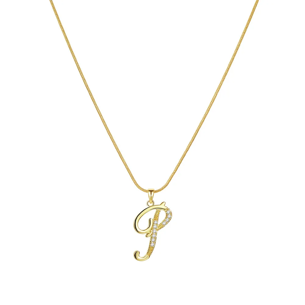 Colliers pendentifs personnalisés CZ A-Z Alphabet Collier Bijoux Plaqué Or Lettre Initiale Cursive Vieil Anglais_voghion.com