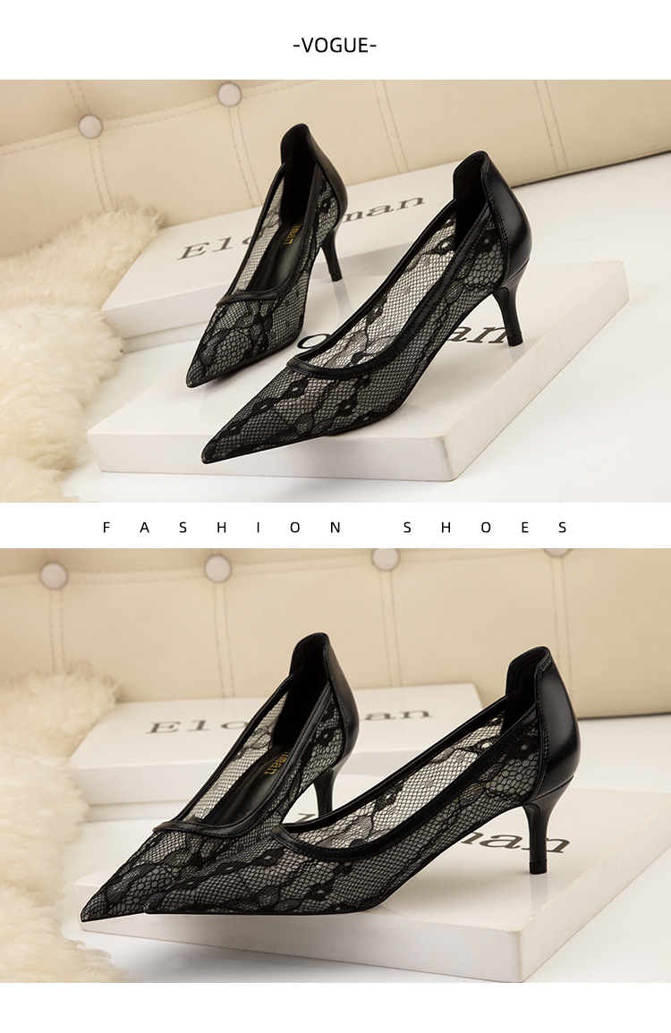 High heel thin heel shallow point flower embroidery lace mesh hollow sexy night club shoes_voghion.com