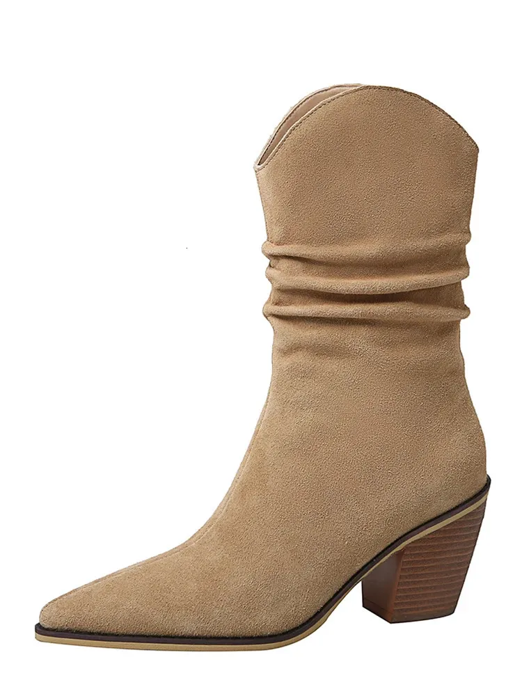Nubuck Dames Kort JINTRENDY Lente Herfst Zwart Kameel Plooien Laarzen Dame Puntige Toe Slip-on Kozakkenlaars 240629_voghion.com