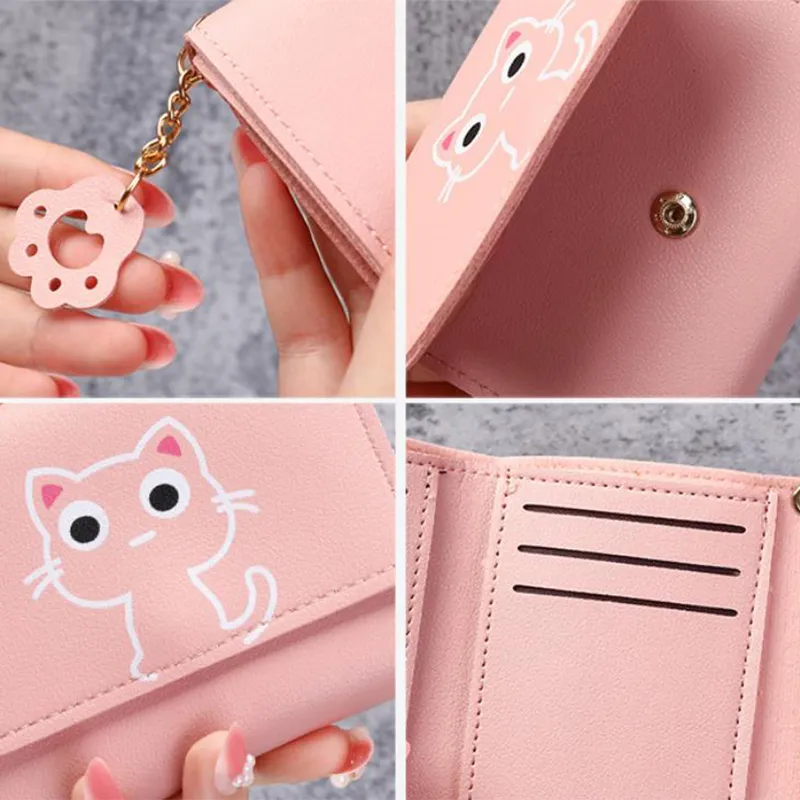 Damen süße Katze kurze Brieftasche Leder kleine Geldbörse Multi-Kartenhalter Geldbeutel_voghion.com