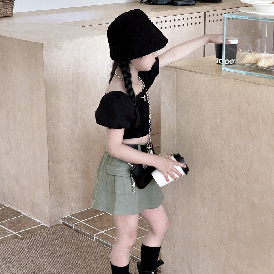 Ensemble 2 pièces pour mère et fille, haut à manches bouffantes rétro + jupe de travail, pour enfants de petite et moyenne taille_voghion.com