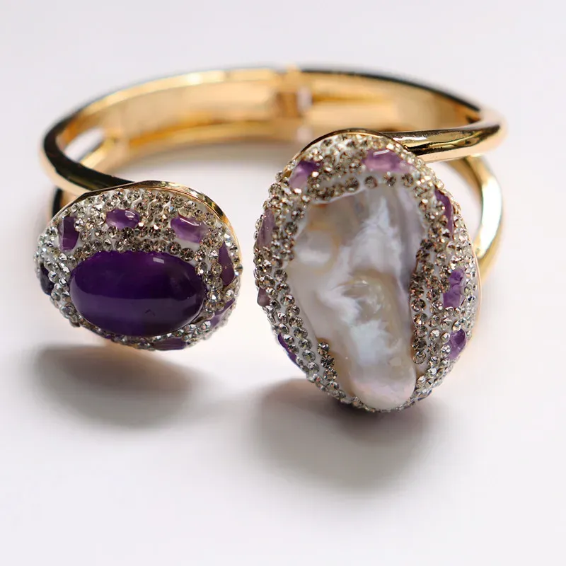 Natural Baroque Pearl Bracelet for Women Raw Stone Amethyst Set with Czech Diamonds Jewelry_voghion.com