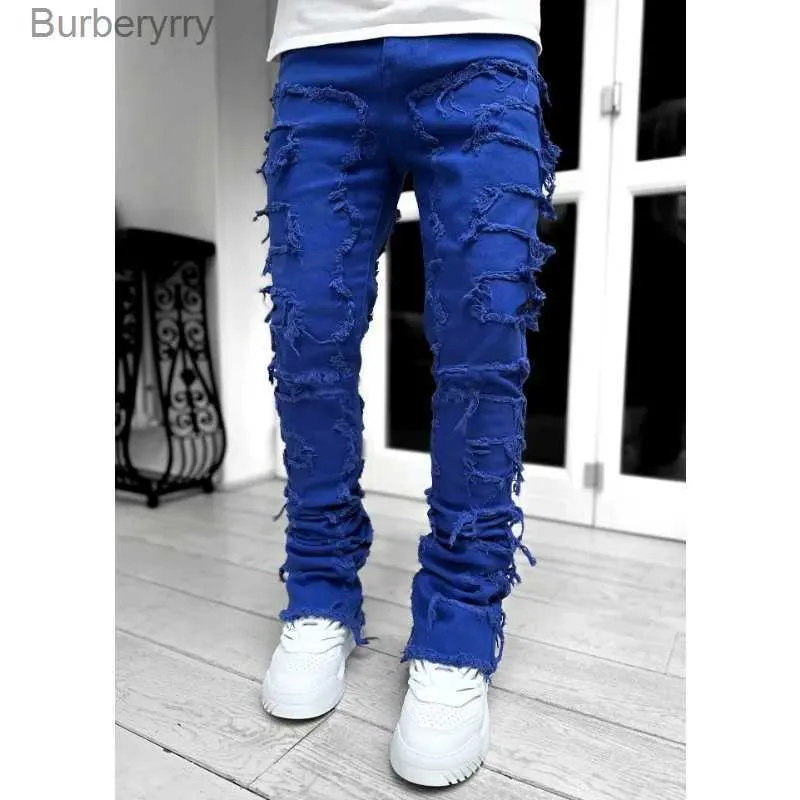 Jeans aderenti aderenti da uomo con frange hip-hop R Edge elastici e toppe punk rock lunghi e attillati, pantaloni in denim blu rosa_voghion.com