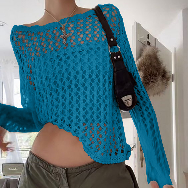 Damenmode einfarbiges, lockeres, perspektivisches Gitter-Langarm-Top_voghion.com