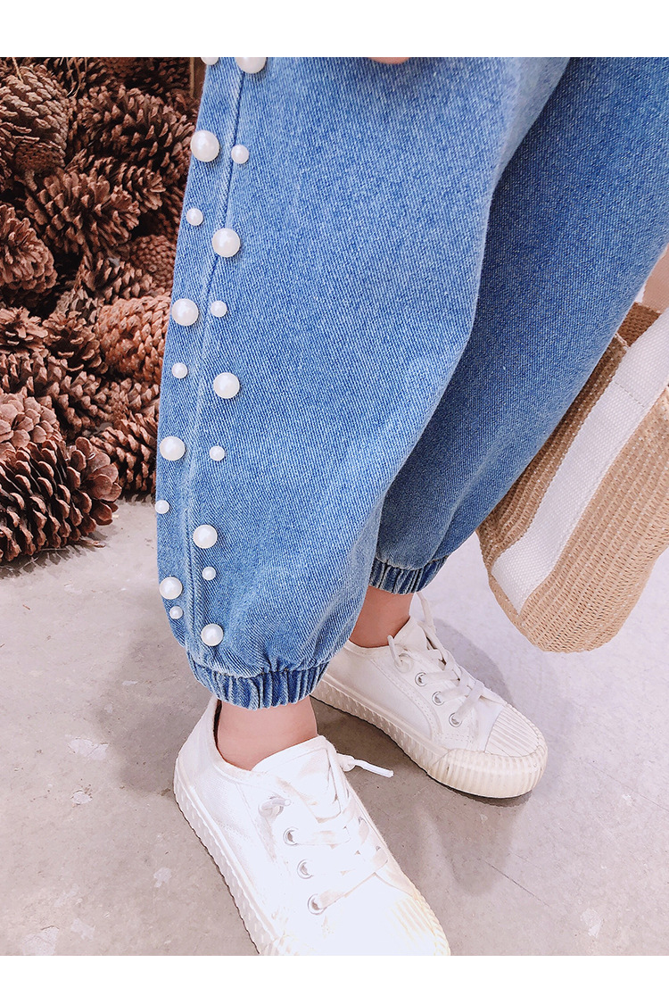 Jeans per bambine e bambini, autunno, versione coreana, per bambini, piccoli e medi, con perline, di colore chiaro, con risvolto, pantaloni casual, un pezzo, consegna_voghion.com