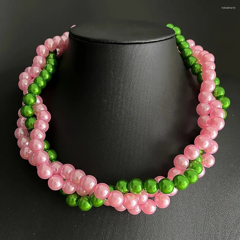 Catene Bella Ragazza Sorority Society Rosa Verde Perla Multistrato Collana Girocollo Intrecciata_voghion.com