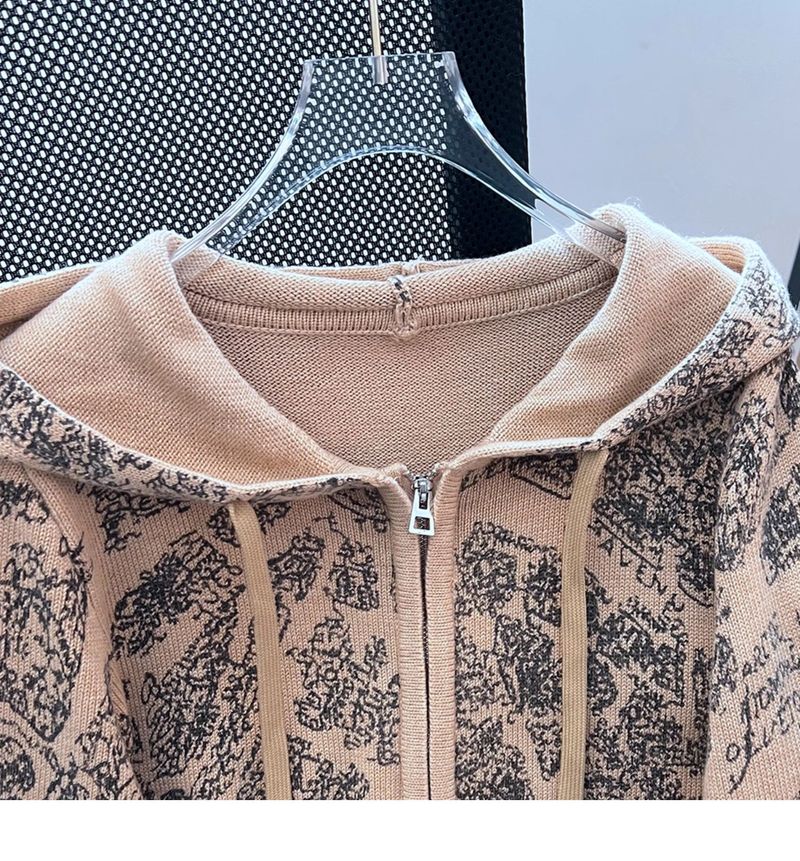 Damenbekleidung Design Sense abstrakte Musterstickerei Kordelzug Kapuzenstrickjacke_voghion.com