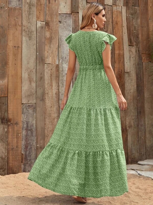 Abito lungo da donna con scollo a V, vita alta, stampa floreale, maniche corte e strati, modello hot 2024_voghion.com