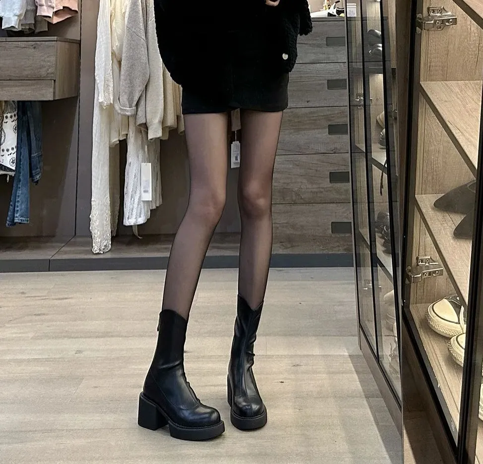 High ankle work very high heels brown short and chubby platform womens waterproof boots black Pu 240911_voghion.com