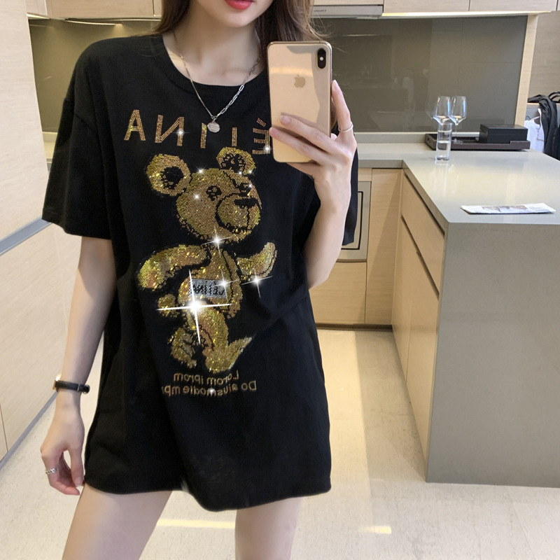 T-shirt estiva a maniche corte nera Bear Hot Diamond da donna in cotone pettinato, versione ampia di media lunghezza_voghion.com