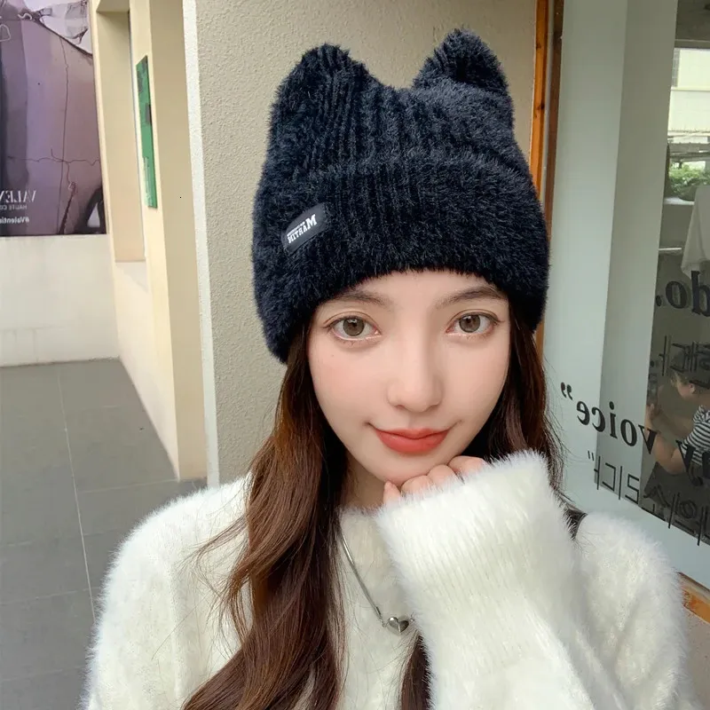 Ženske kape BeanieSkull, slatke mačje uši, zimska kapa s ušima, modna krznena pletena Kpop stila, mekane kape Beanie, ženske slatkiši_voghion.com