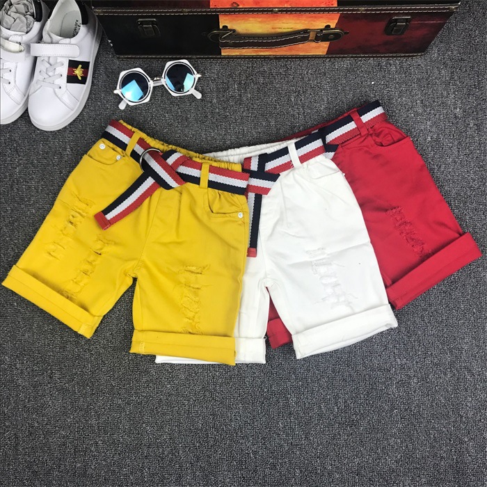 Mother&Kids Children's red, white and yellow shorts with belt 5 minutes shorts with stretch ripped pants_voghion.com
