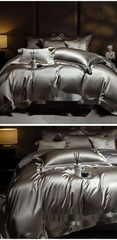 High End Water Gloss Silk Satin Ultra-fine Denier Lyocell Cotton Four Piece Hollow Out Light Luxury Duvet Set Bedding_voghion.com