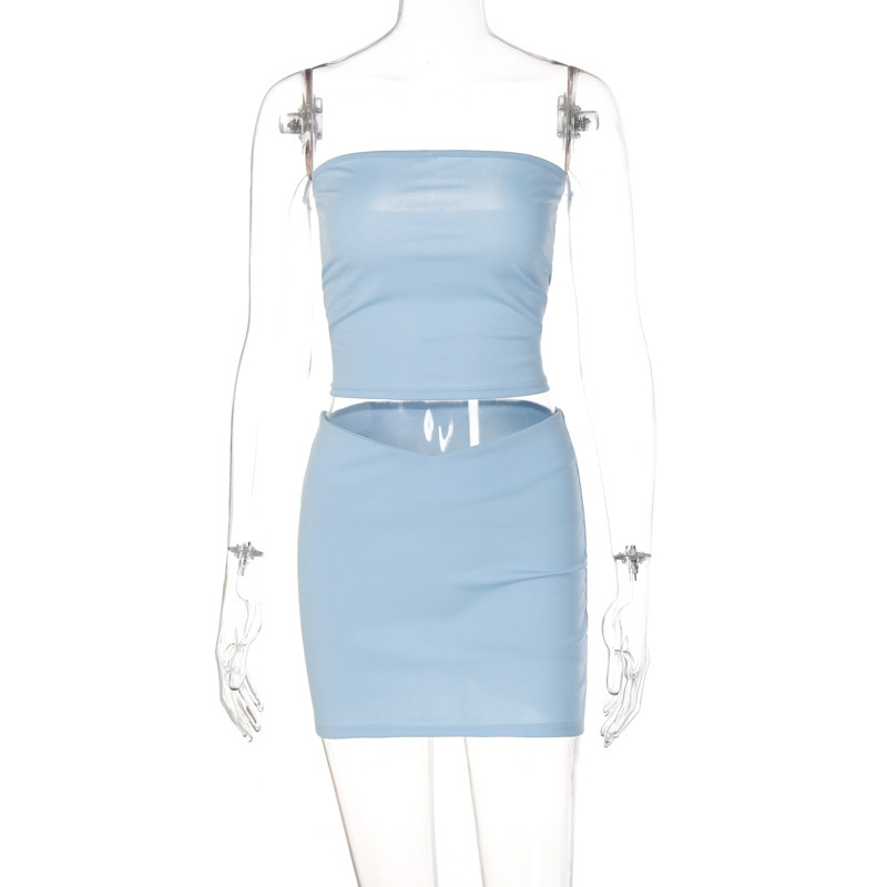 Une ligne soutien-gorge court nombril exposé haut + slim fit wrap fesses jupe courte 2 pièces fille épicée ensemble_voghion.com