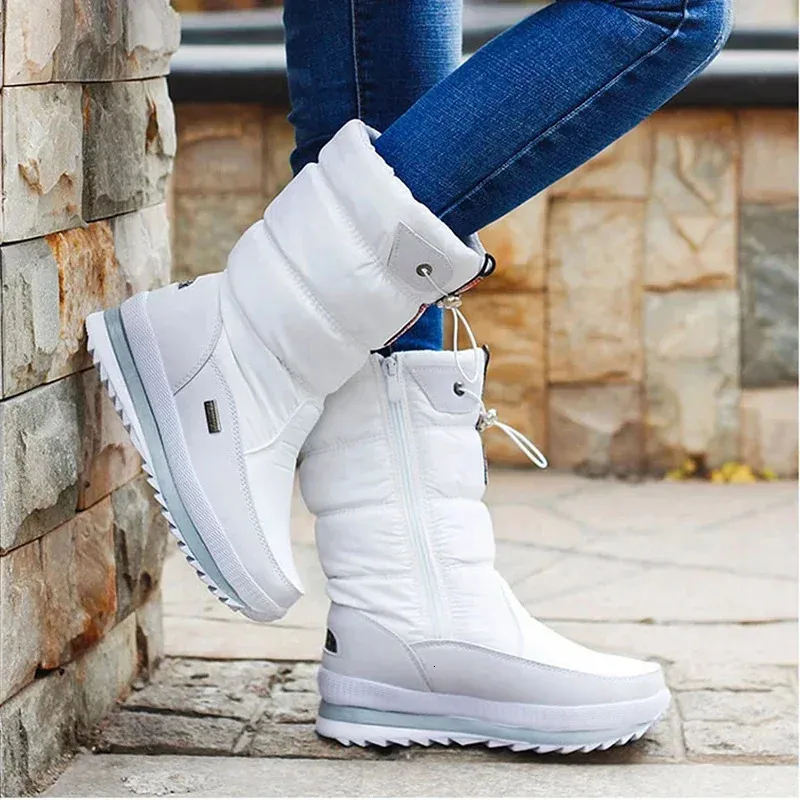White Women New Winter Shoes Warm Plush Mid-calf Waterproof Rubber Non-slip Platform Snow Boots Female Plus Size 42_voghion.com