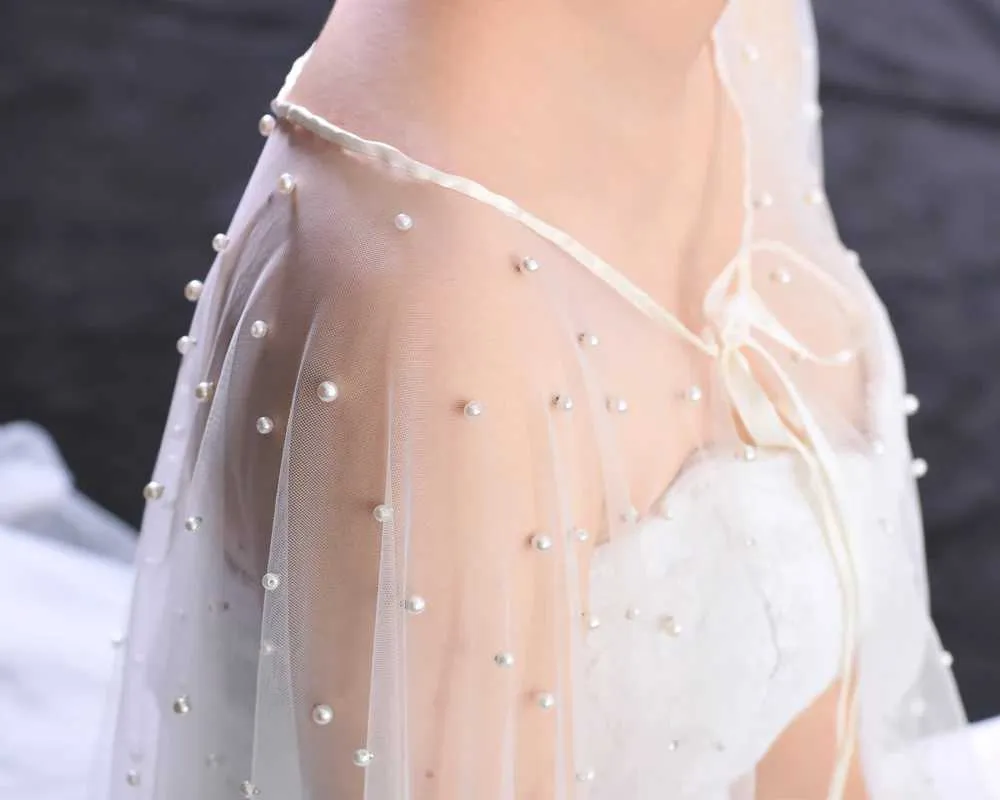 Haarschmuck Damen Perlen Braut Schulterschleier Langer Umhang Abend Cape Jacke Für Frauen Bolero Weicher Tüll Schal Hochzeit_voghion.com