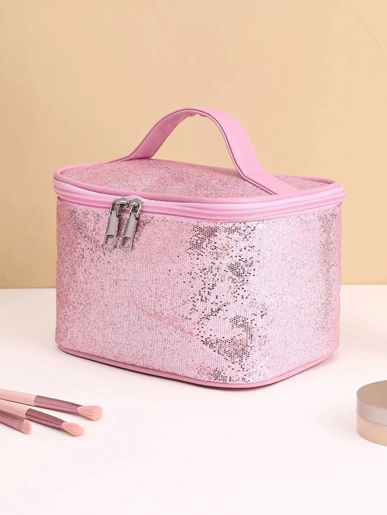 Tragbare, faltbare Make-up-Tasche mit rosa Glitzer Y241023_voghion.com