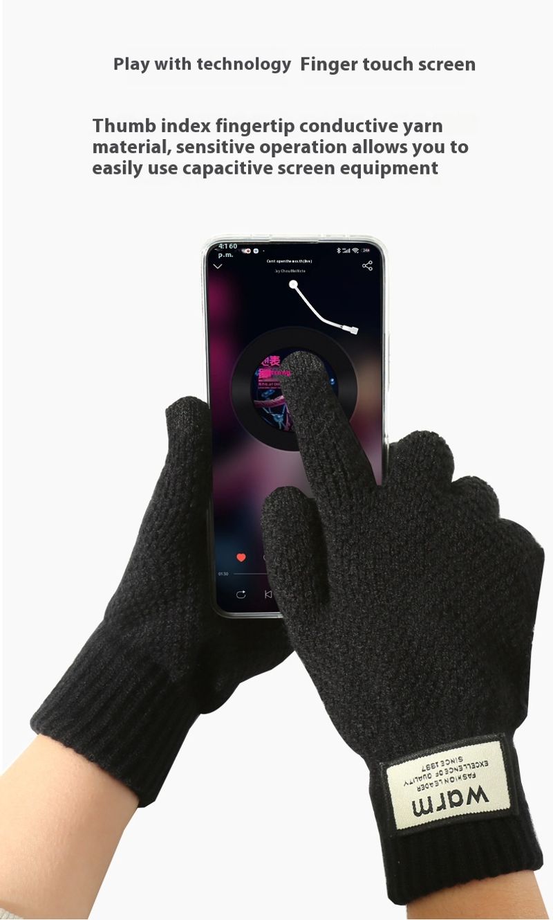 Gestrickte Handschuhe für Herren-Fahrradhandschuhe mit Plüsch und dicker Isolierung, winddichter Touchscreen im Winter, Strickhandschuhe_voghion.com
