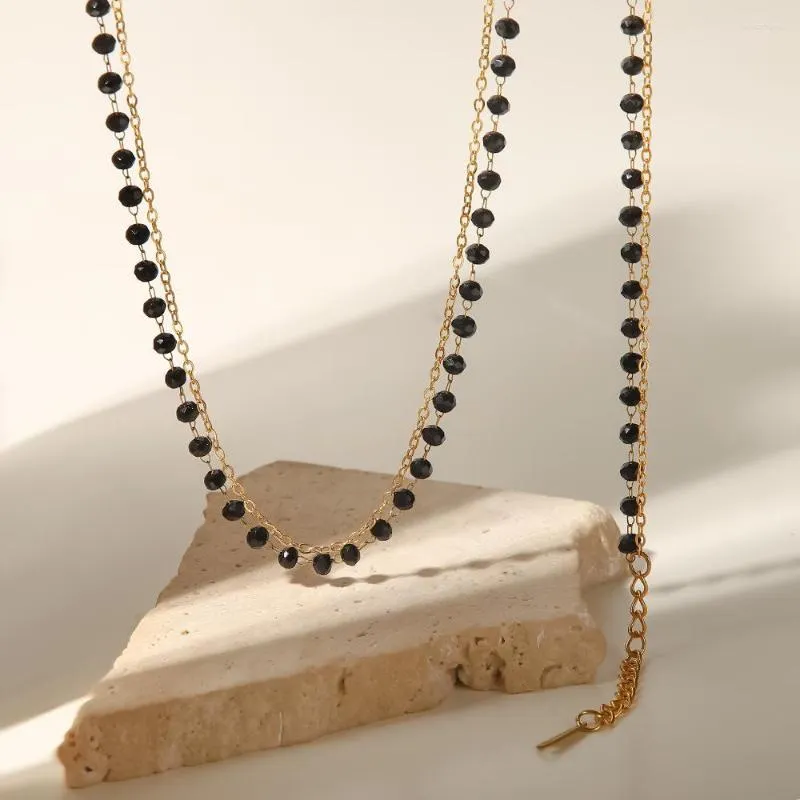 Chains Boho Style Stainless Steel Black Bead Glass Stone Double Necklace Slice Women's Accessories_voghion.com
