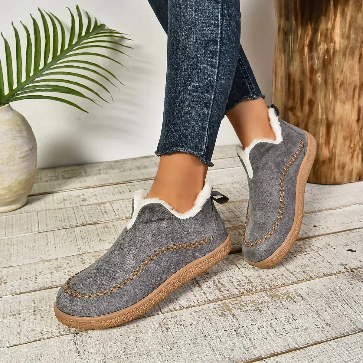 selg long sleeved womens winter round toe plush warm solid flat casual comfortable snow boots 240904_voghion.com