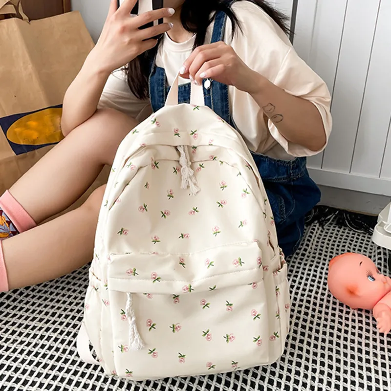 Korean Version Nylon Floral Flower Fashion Junior High School Backpack Travel Bag_voghion.com