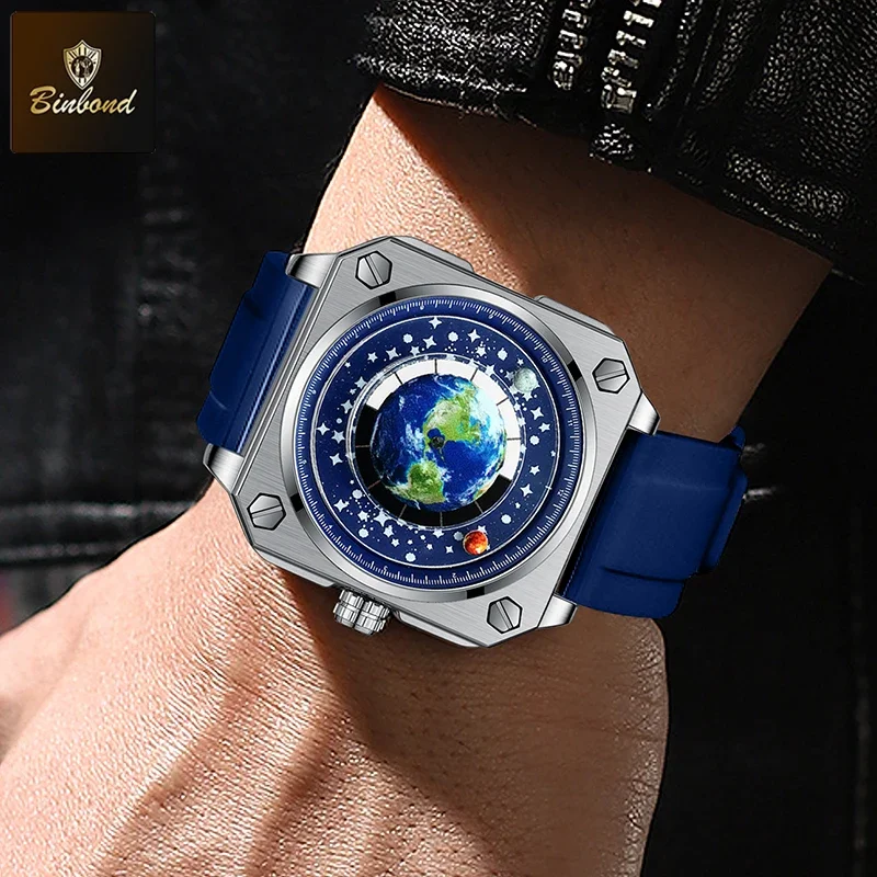 Men's Quartz Watch Rotating Earth Dial Creative Blue Planet Design_voghion.com