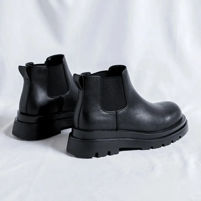 Men's Platform Chelsea Boots Leather High Top Elevator Shoes_voghion.com