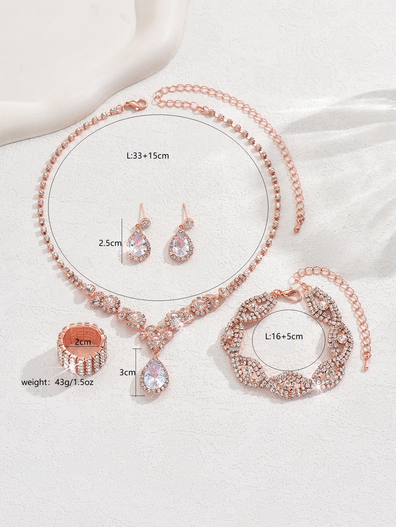 Set di gioielli da donna, alla moda, nuovo, alla moda, in oro rosa, tre pezzi, collana, orecchini, bracciale con zirconi, set da sposa._voghion.com