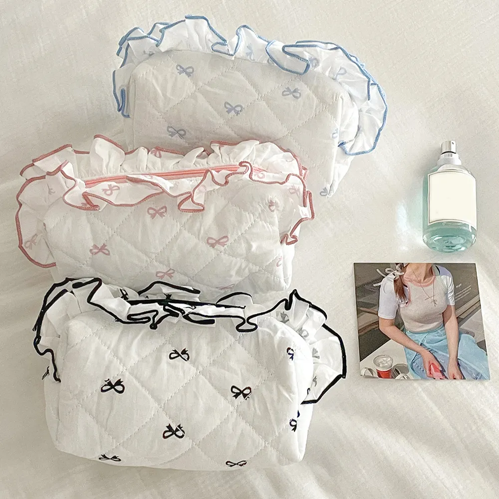 Korea Bow Print Damen Make-up Große Kapazität Tragbare Kosmetiktasche für Reisetoilettenartikel Gekräuselte Kante Kosmetikaufbewahrung_voghion.com