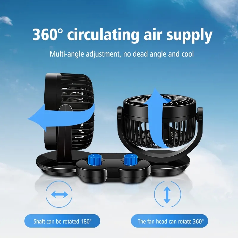 Ventilatore a doppia testa per auto da 12 V e 24 V, 5 pollici, elettrico, a 3 foglie, girevole a 360°, portatile, silenzioso, con vento forte_voghion.com