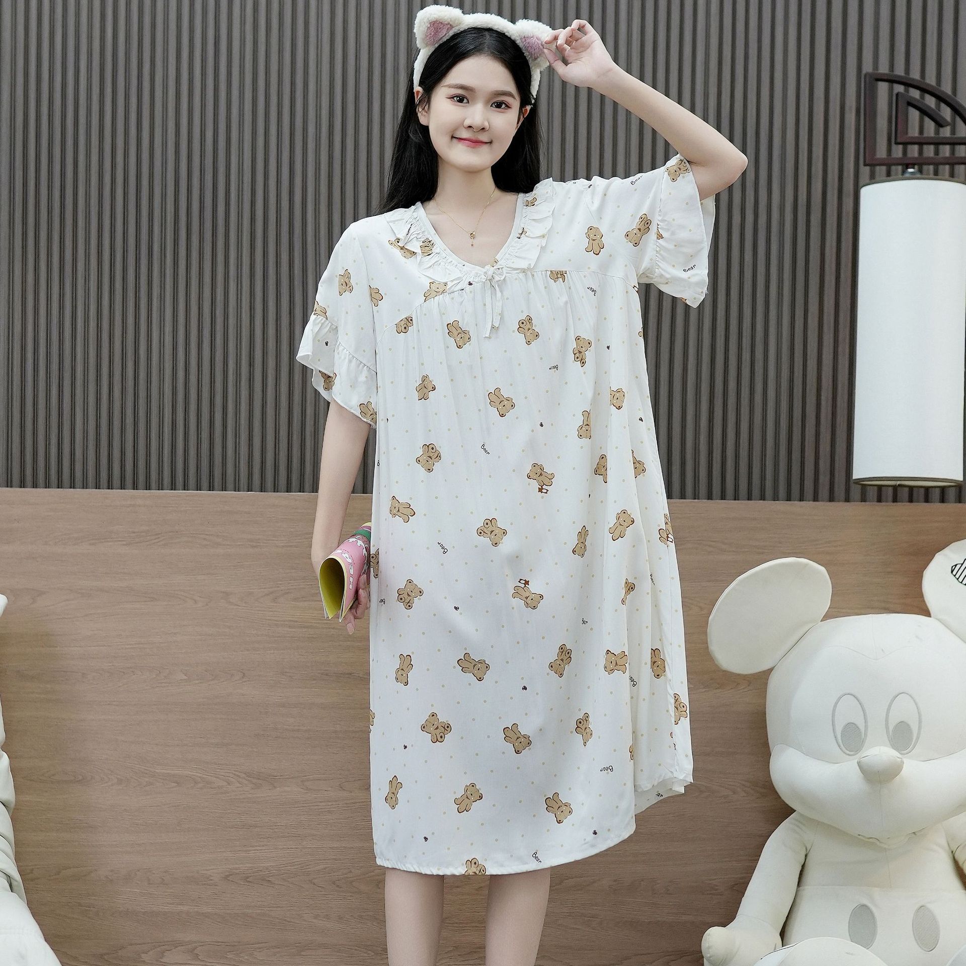Pigiami da donna Camicia da notte in cotone e seta, da donna, stampata, con piccoli fiori, a maniche corte, da casa, sottile_voghion.com