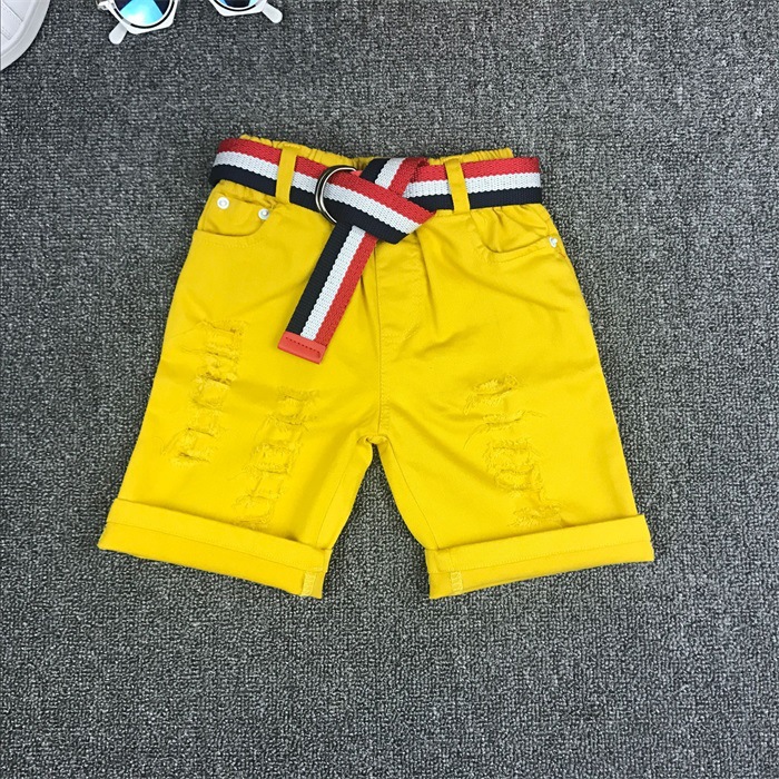 Mother&Kids Children's red, white and yellow shorts with belt 5 minutes shorts with stretch ripped pants_voghion.com