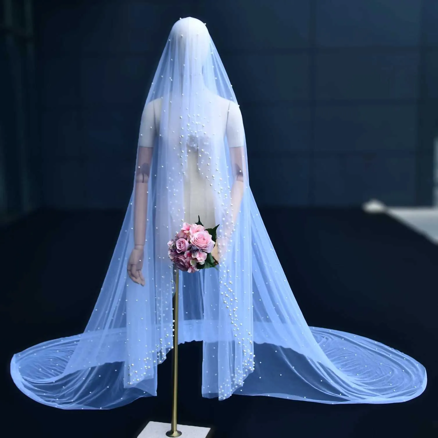 Hair Jewelry V66 Pearls Beaded Bridal Church 3M Long Cathedral Veils No Comb Nail Pretty Wedding Accessories 1 Tier Soft_voghion.com