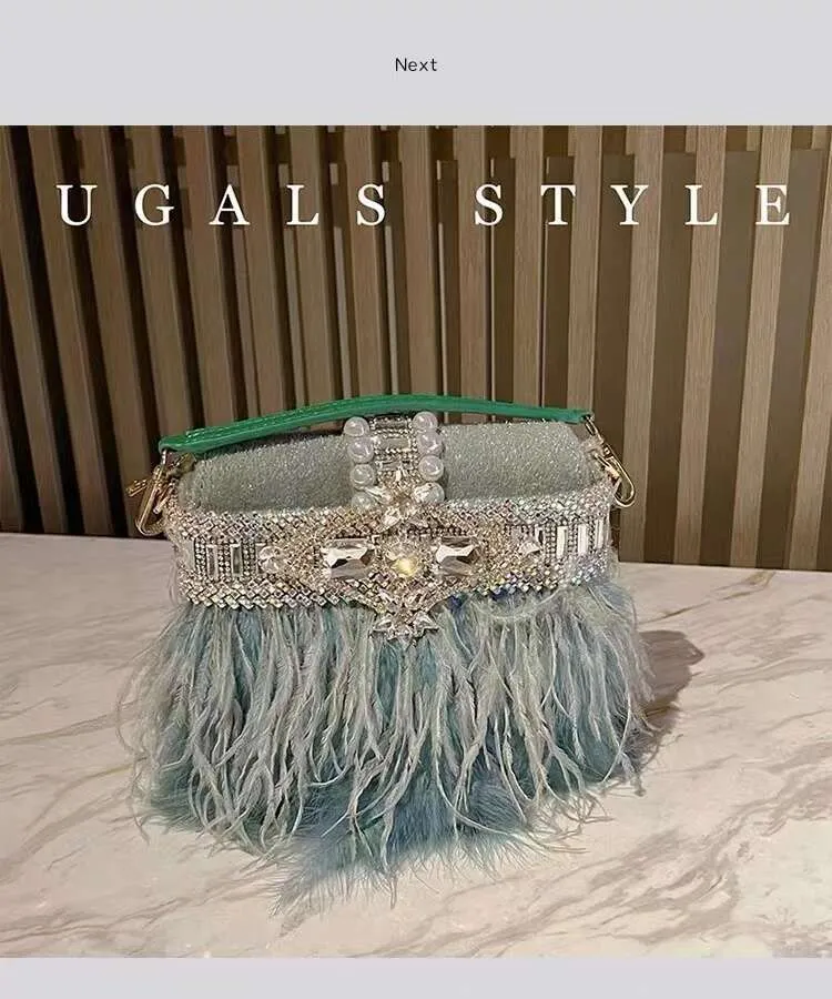 Borsa da sera da donna in pelo di struzzo, borsa a tracolla con pochette in cristallo Rhie Dia, borsa da festa per matrimonio_voghion.com