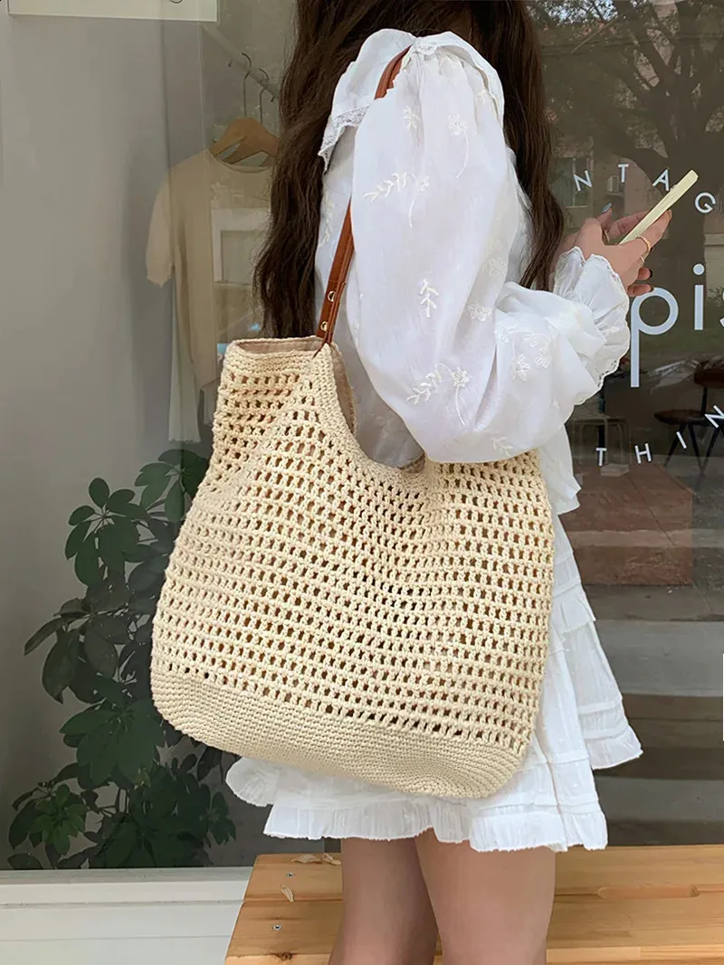 Sac à bandoulière de plage creux tissé grande capacité vacances portable affaires loisirs shopping simple joker haut sens_voghion.com