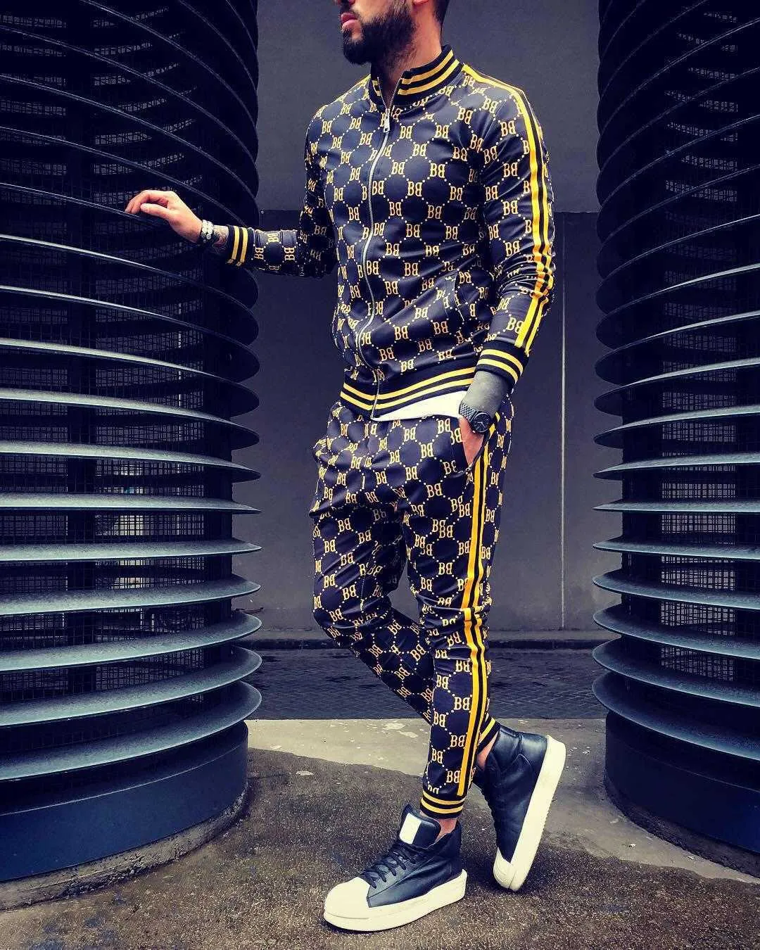 Uomo Tracuits uomo tracuit Sets Moda Plaid Giacca maschile + Pantaloni Set 2 pezzi Tuta sportiva Autunno Stampa 3D di alta qualità_voghion.com