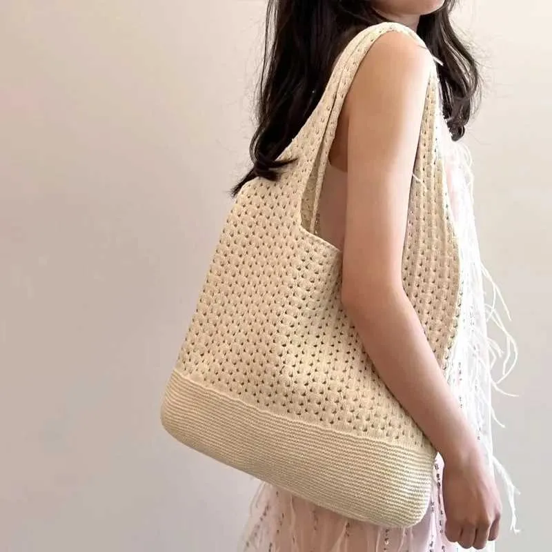 Borsa a mano lavorata a maglia da designer, grande portafoglio, estiva, da spiaggia, casual, da donna, con tracolla cava Y241011_voghion.com