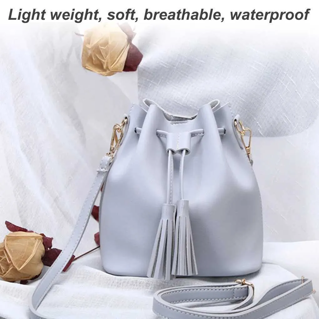 Fashion PU Leather Tassel Drstring Crossbody Kwastje Emmer Handtas Women Solid Color Shoulder Bag SmallC241103_voghion.com