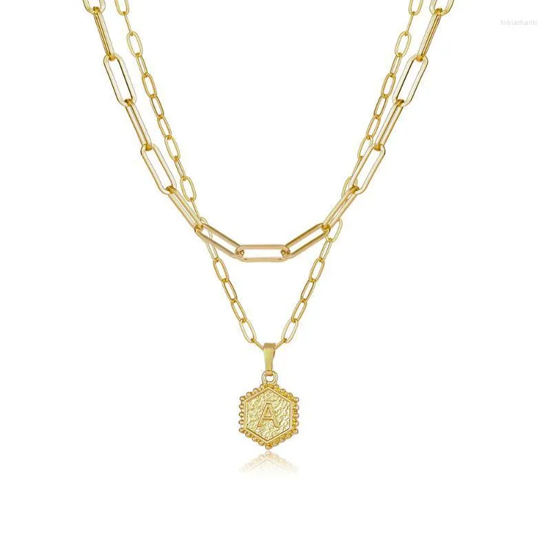 Colliers pendentifs délicats superposés avec initiales pour femmes, chaîne en or avec trombone, collier ras du cou simple avec lettres hexagonales_voghion.com