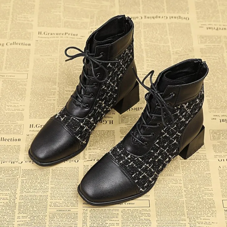 Stivali da donna alla moda con tacco alto, allacciati sul retro, con cerniera, a quadri con mille uccelli, spessi e quadrati, versatili_voghion.com