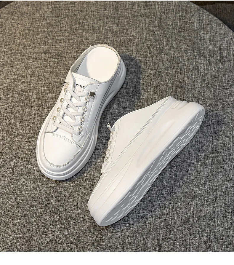 Genuine Leather Thick Soled Round Toe Half Slippers Heelless Lazy Casual And Fashionable Women Small White Shoes_voghion.com