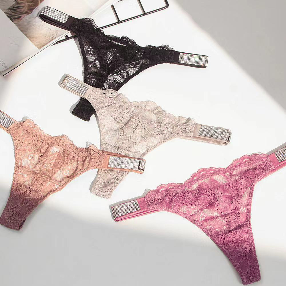 Sexy Lace Thong Underwear For Women - Rhinestone Embellished Low-Rise T-Back Panties With Cotton Gusset, Breathable & Comfortable, Multiple Colors