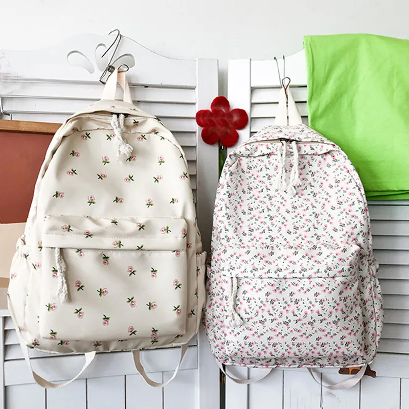 Korean Version Nylon Floral Flower Fashion Junior High School Backpack Travel Bag_voghion.com
