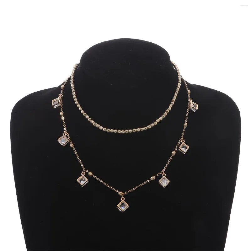 Collane con ciondolo Collana con doppio strato di cristallo quadrato per donna Squisita personalità Semplice perline rotonde Clavicola_voghion.com