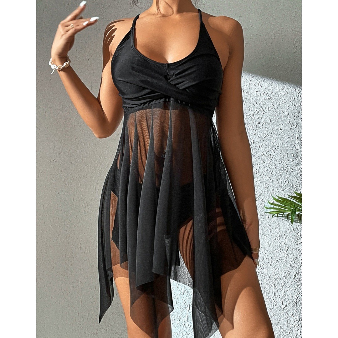 Women's Gauze Split Body High Waisted Mesh Swimsuit, Cross Top, Double Shoulder Strap_voghion.com
