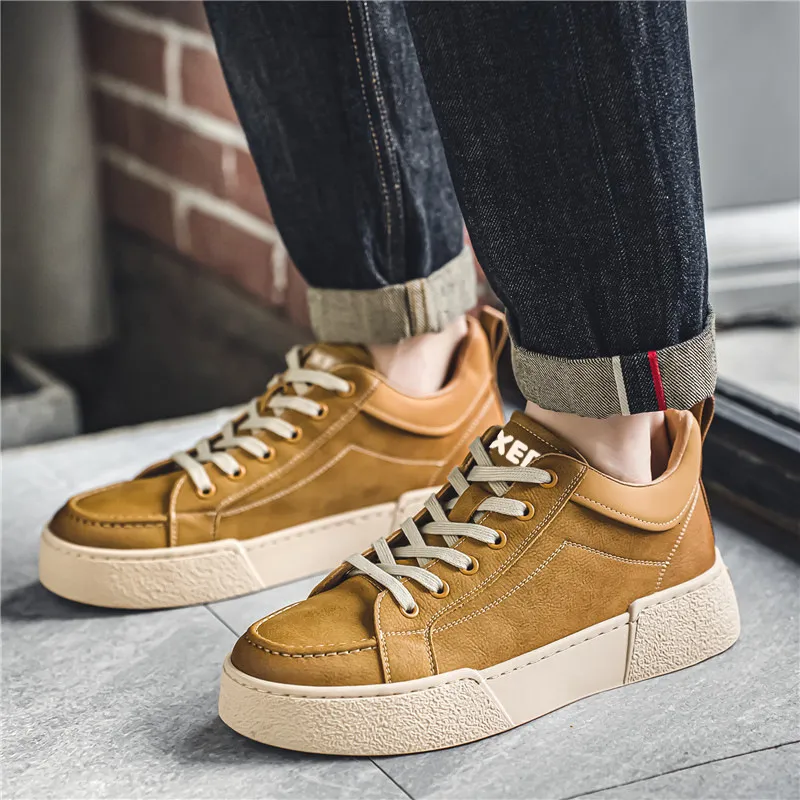 Mid high top nieuwe leren sneakers heren dikke zool casual Koreaanse versie trendy veter niche schoenen_voghion.com
