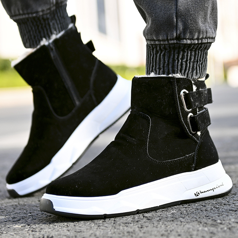 High top shoes for men in winter 2024, new plush and warm shoes, thick soled snow boots, men's belt buckle cotton boots