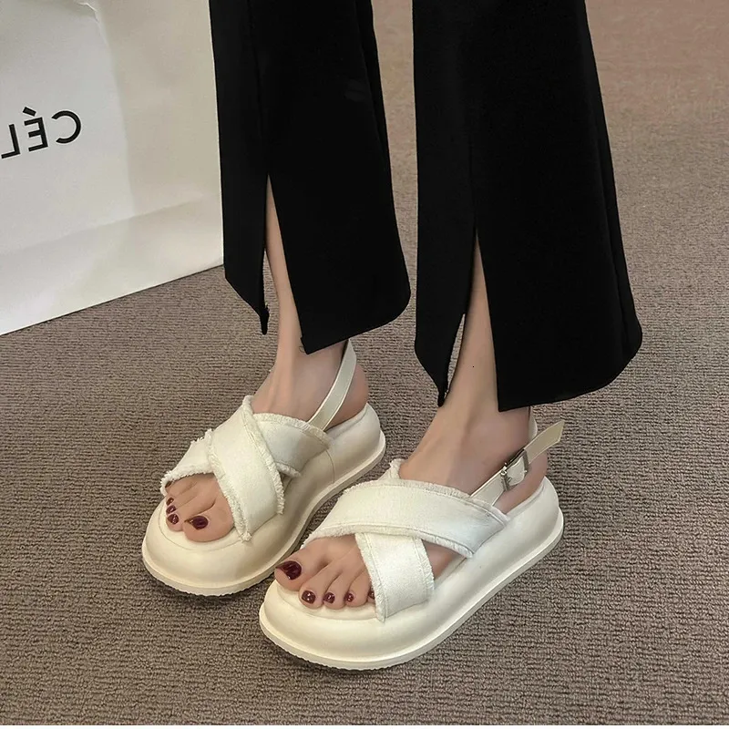 Gladiator Sandals For Women Denim Thick Sole Elegant Beach Shoes_voghion.com